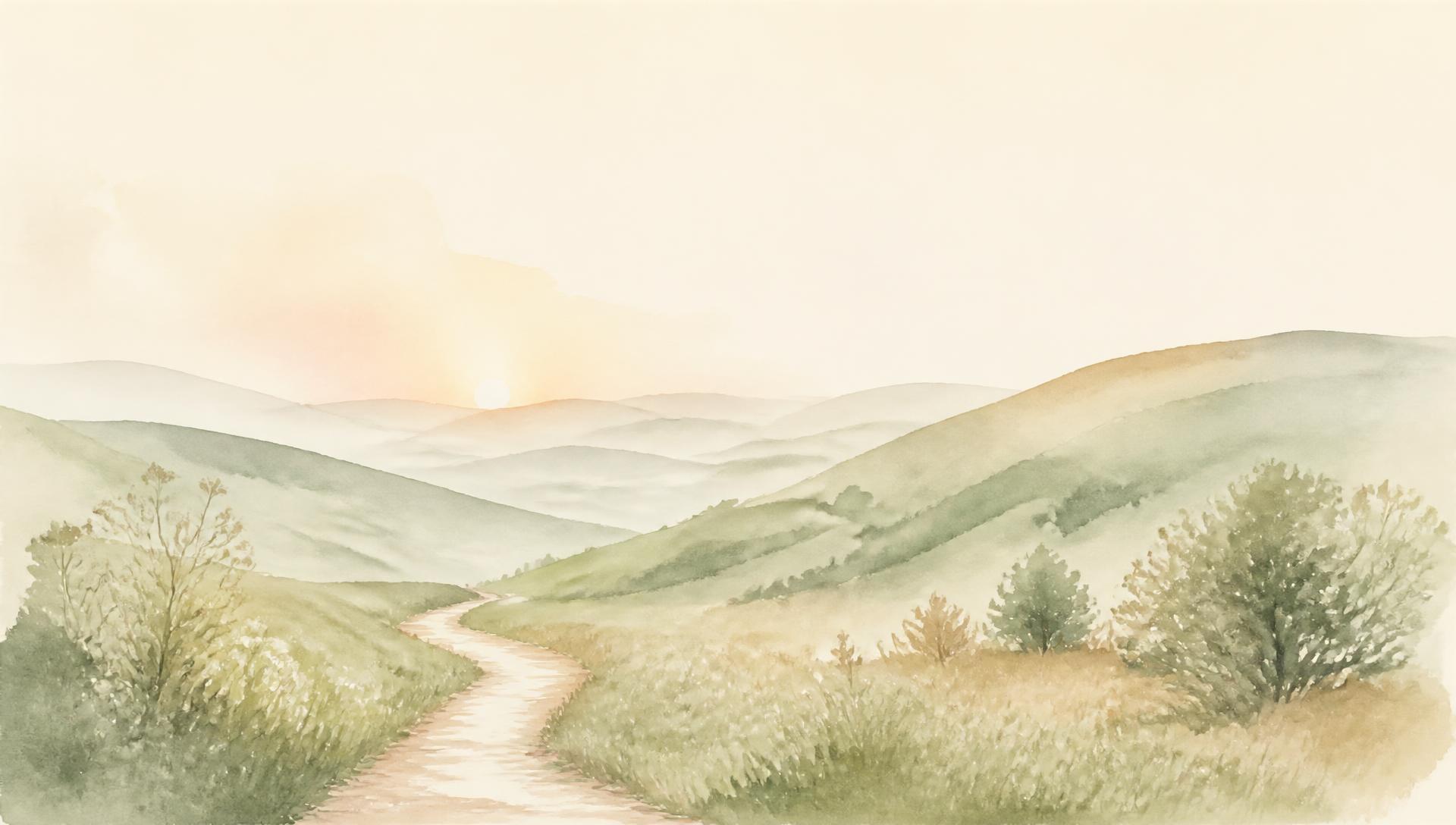 Soft watercolor hills at dawn with a winding path